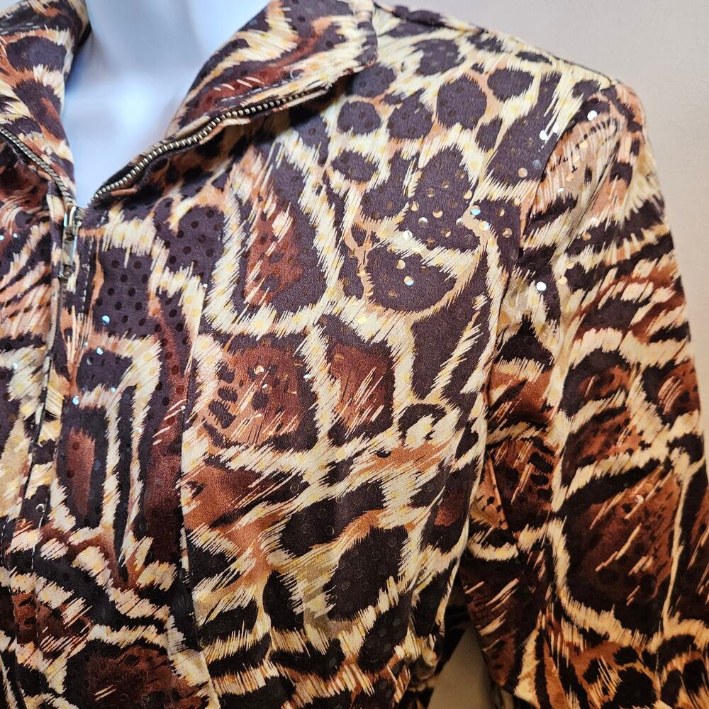 View Animal Print Blazer Size 8 Zip Up Sequin Brown Black Cheetah Leopard Mature - Picture 2 of 11